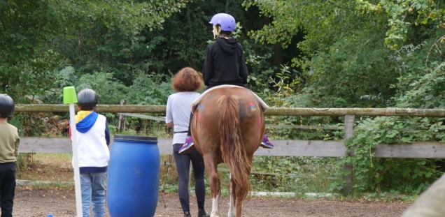 Kind auf Pferd auf Reitplatz