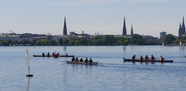 Rudern vor Hamburgs Kulisse